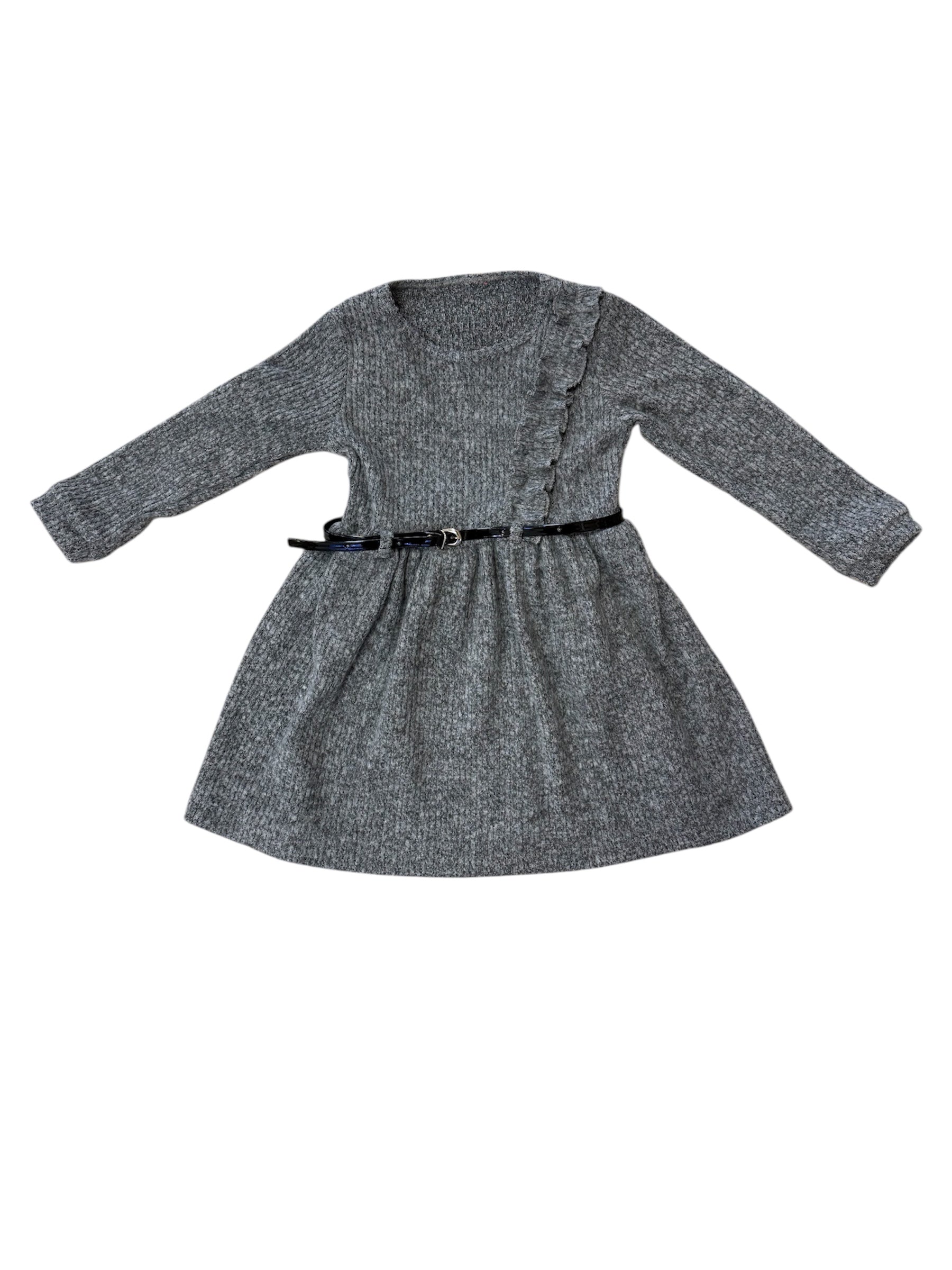 Gray Long Sleeve Belt Dress